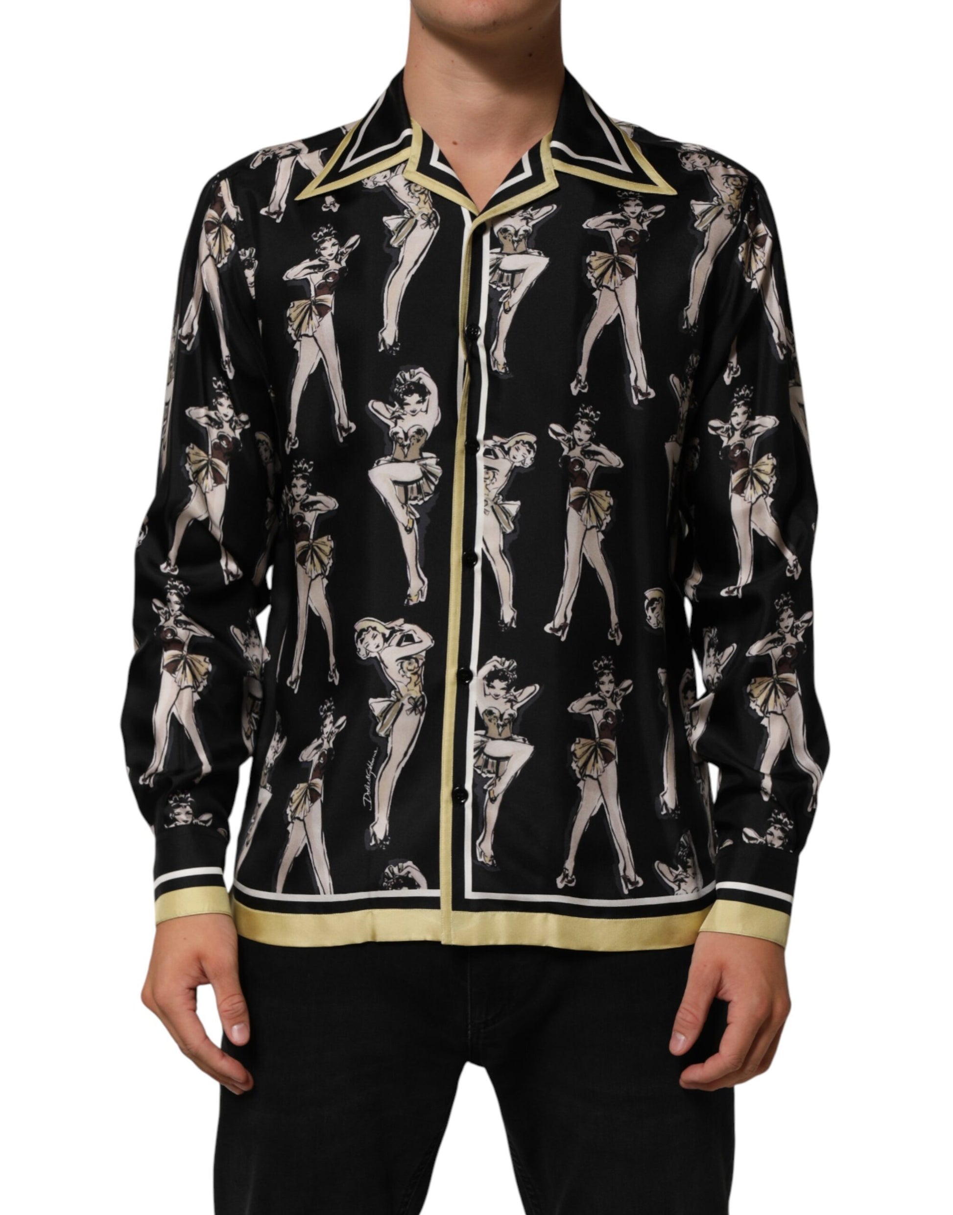 Black Silk Pin Up Printed Button Down Shirt