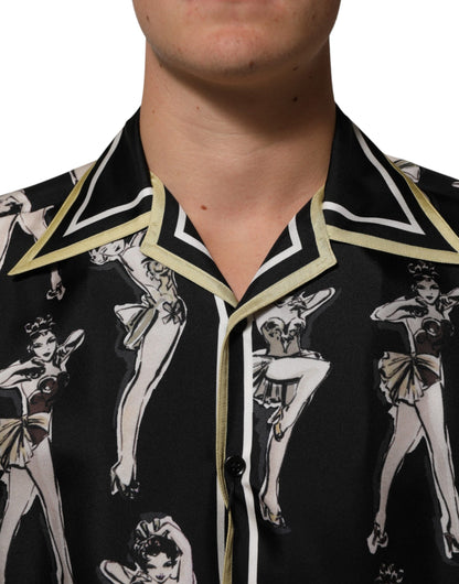 Black Silk Pin Up Printed Button Down Shirt