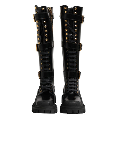 Black Buckle Embellished Knee High Boots Shoes