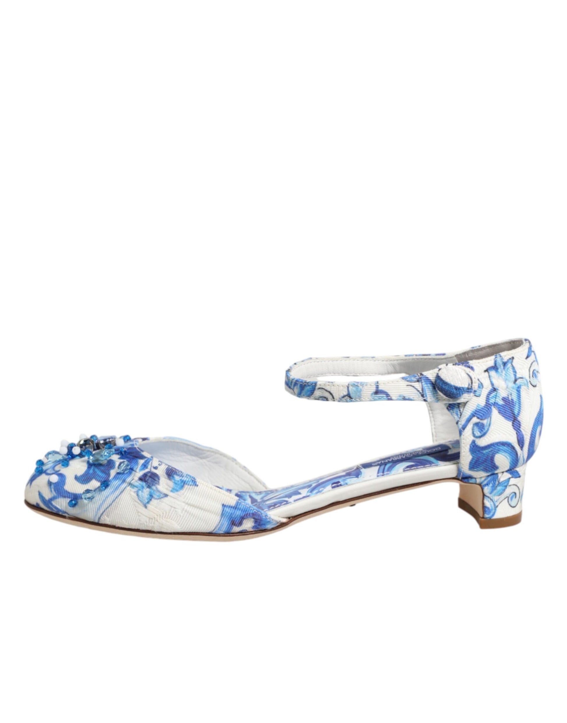 White Blue Floral Crystal Ankle Straps Shoes