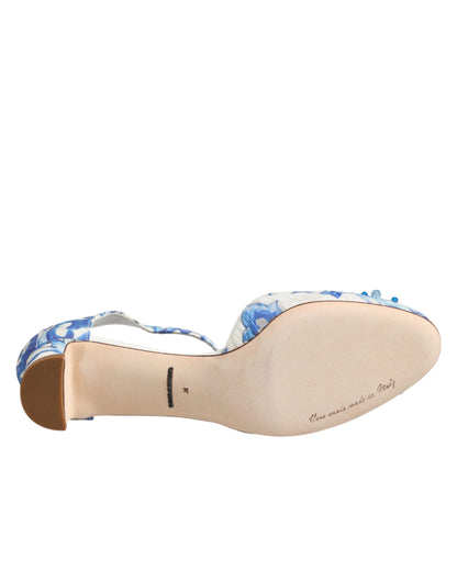 White Blue Floral Crystal Ankle Straps Shoes