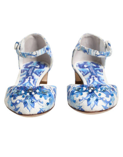 White Blue Floral Crystal Ankle Straps Shoes