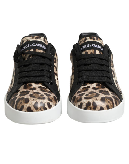 Brown Leather Leopard Low Top Sneakers Shoes