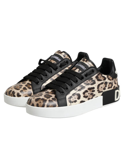 Brown Leather Leopard Low Top Sneakers Shoes