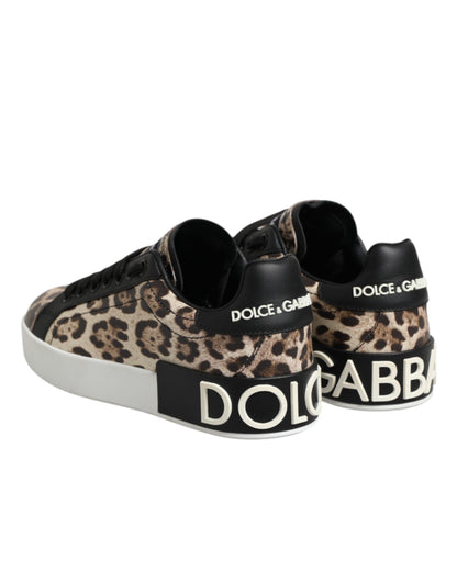 Brown Leather Leopard Low Top Sneakers Shoes