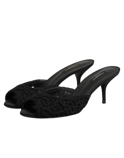 Black Embroidered Slip On Heels Slides Shoes