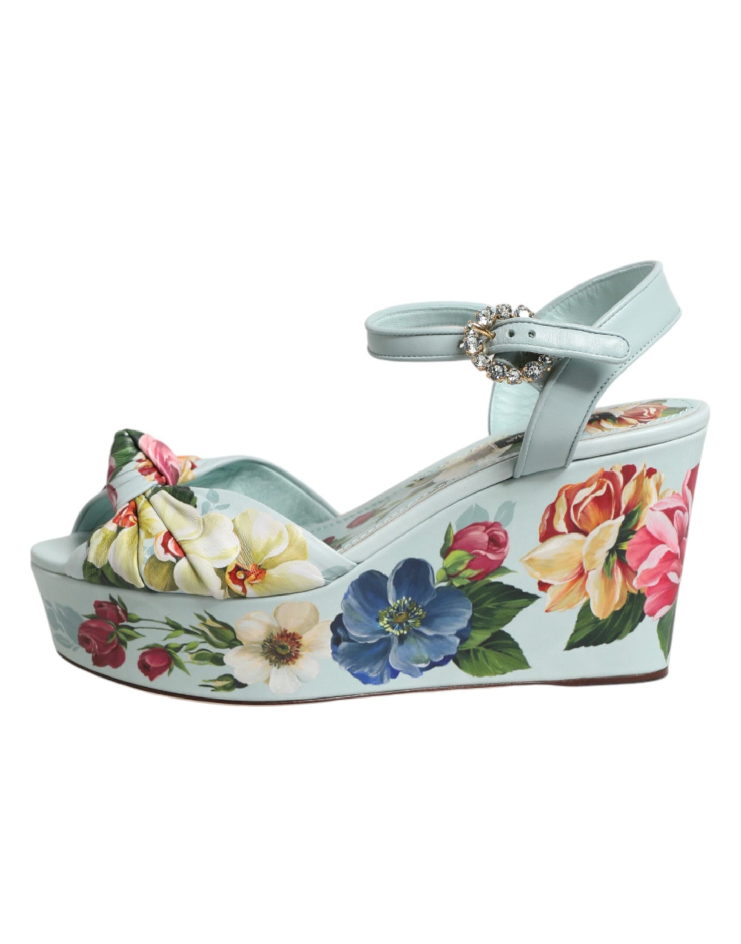 Green Floral Ankle Strap Wedge Sandals Shoes