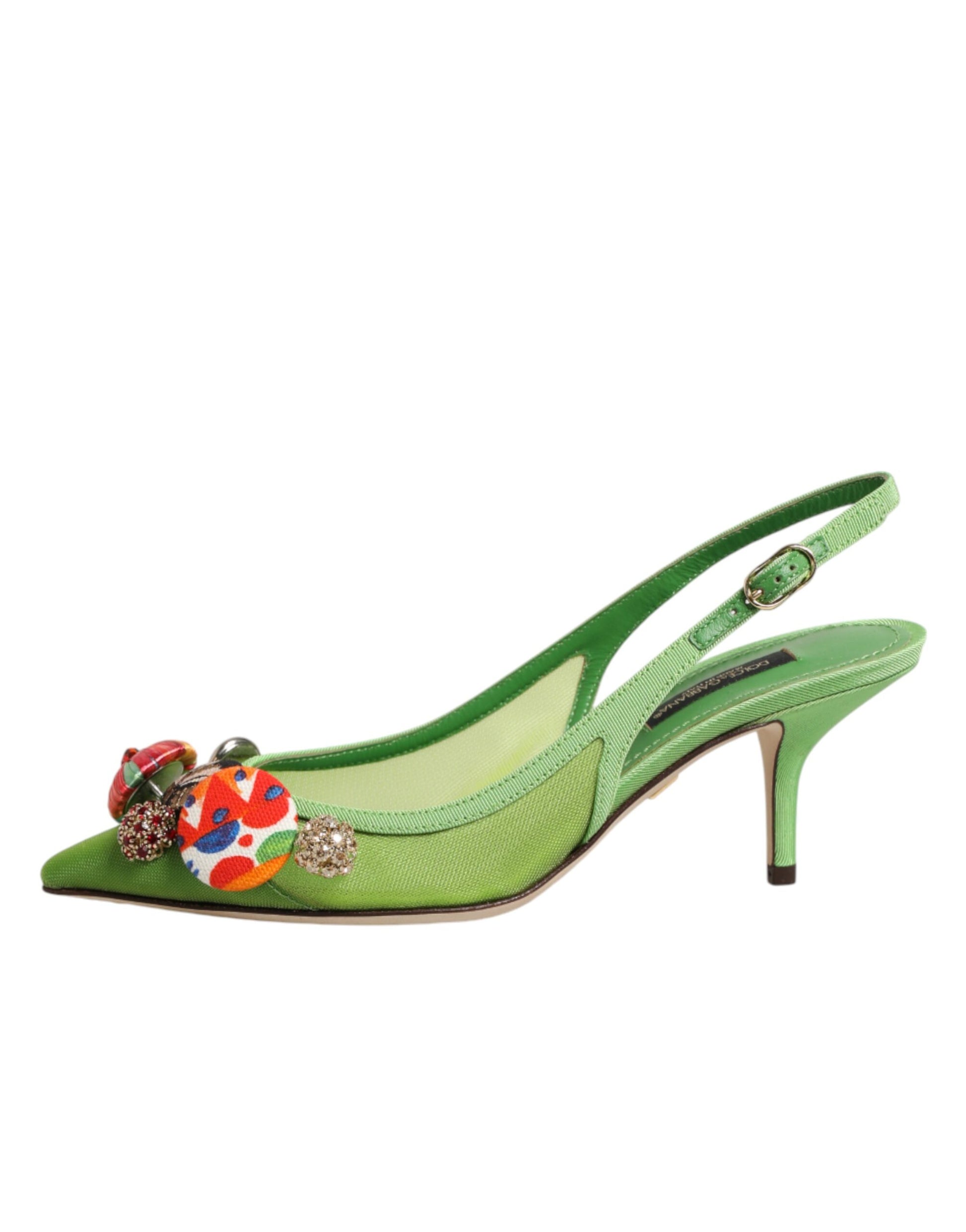 Green Embellished Heels Slingbacks Shoes