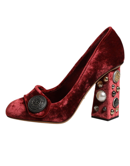 Red Velvet Embellished Heels Pumps  Shoes