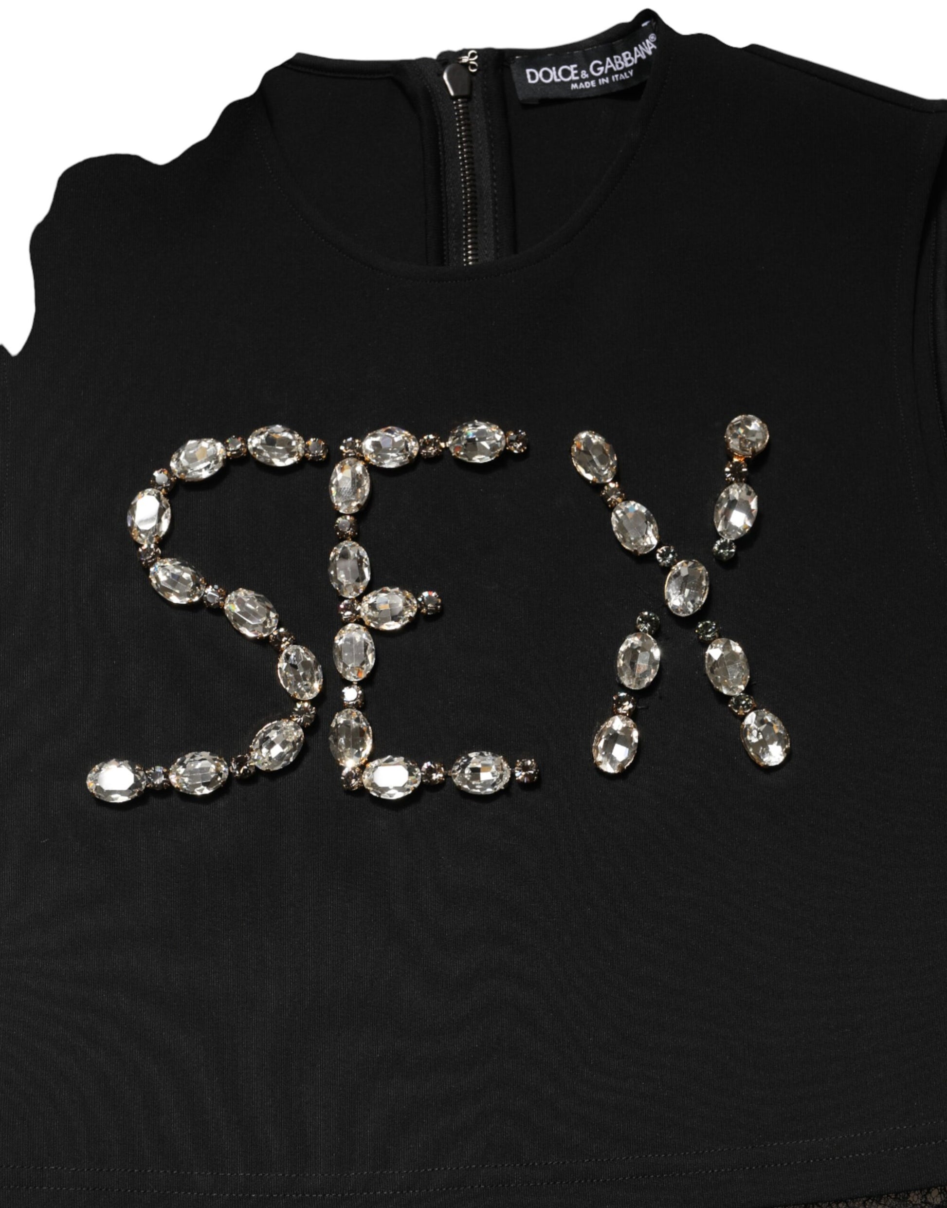 Black Jersey Lace Ruching Rhinestone Tank Top