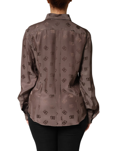 Brown Collared Long Sleeves Logo Shirt Top