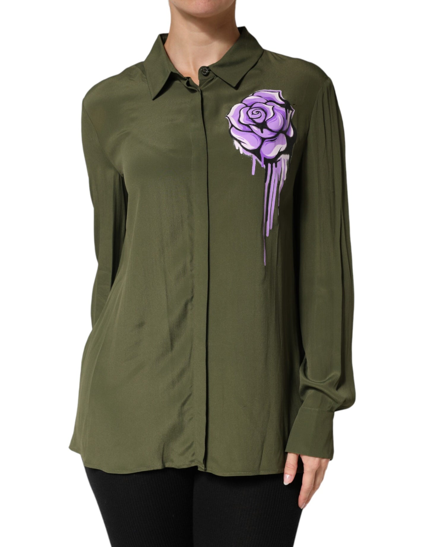 Top Green Acetate Collared Long Sleeves Floral Top