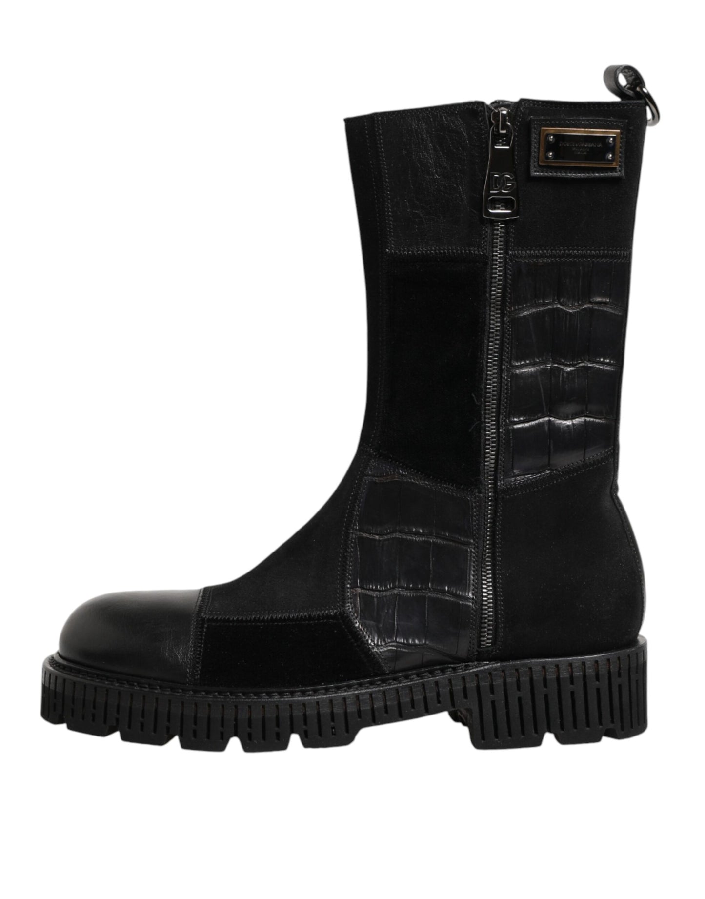 Black Patchwork Leather Mid Calf Boot  Shoes