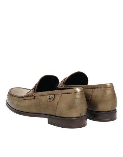 Gold Leather Slip On Dress Men Loafers Shoes