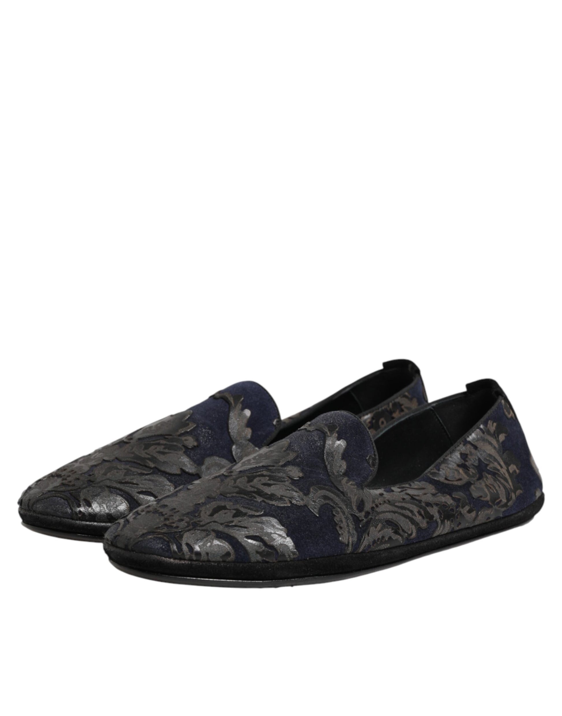Black Jacquard Leather Slip On Loafers Shoes