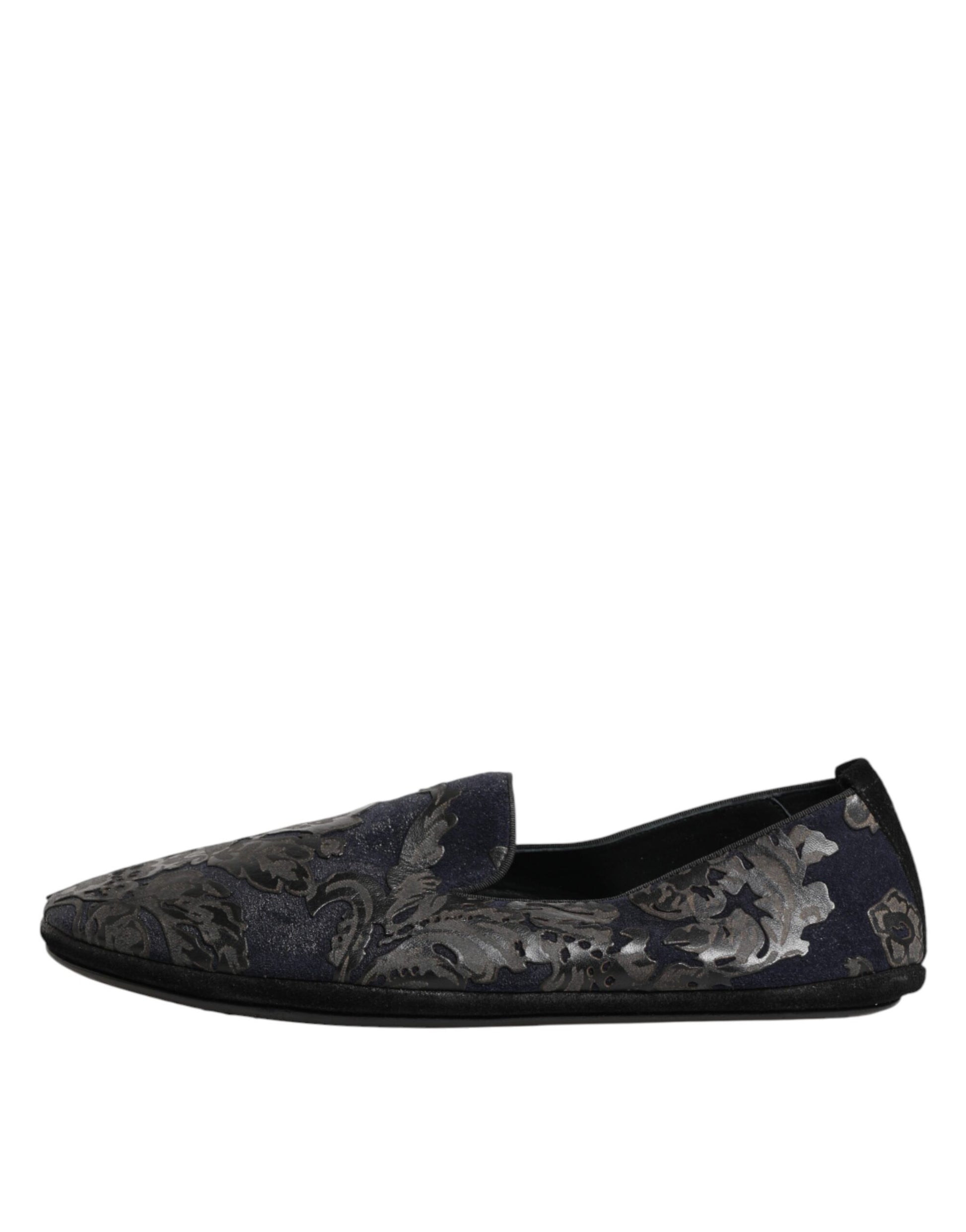 Black Jacquard Leather Slip On Loafers Shoes