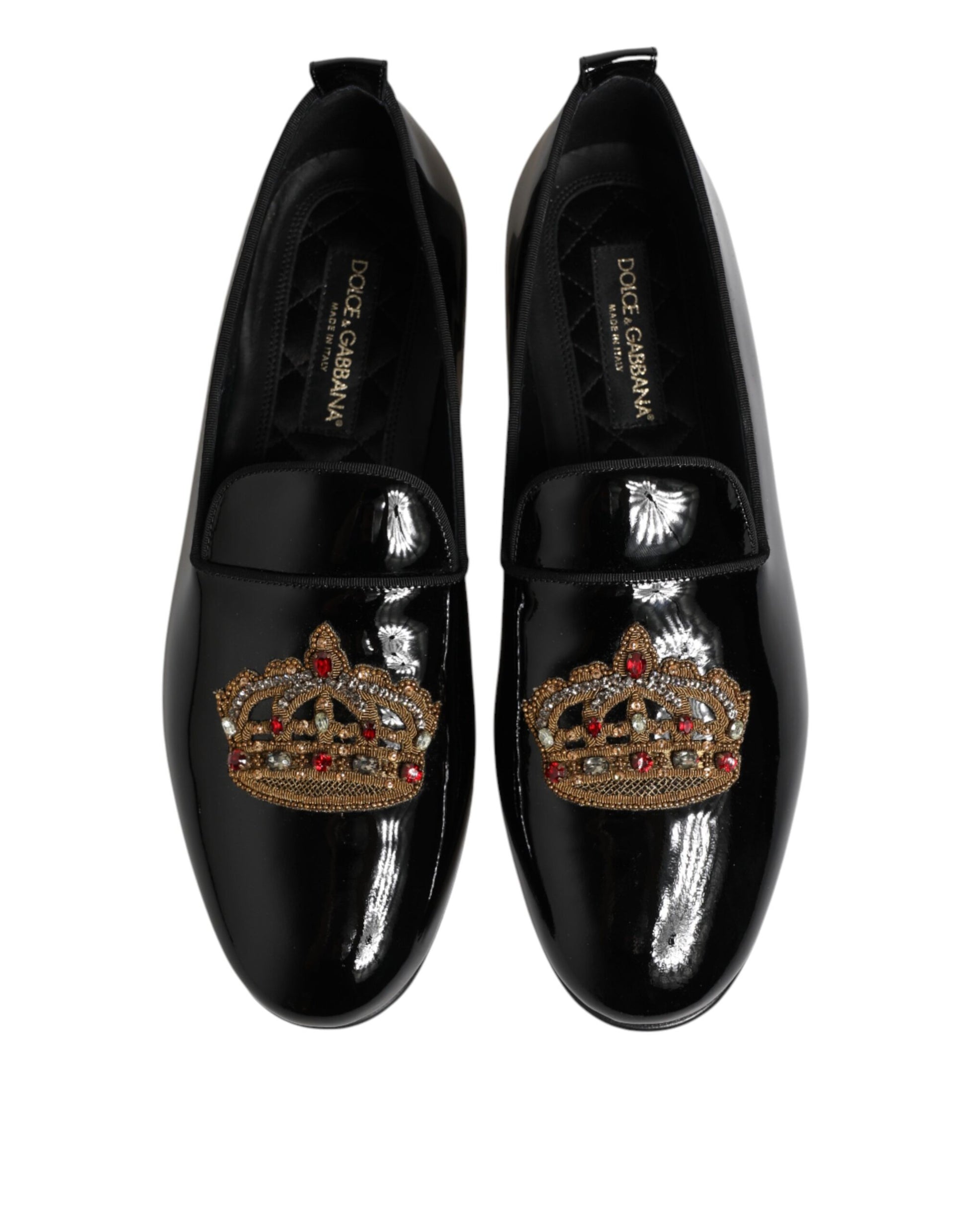 Black Leather Gold Crown Mens Loafers Shoes