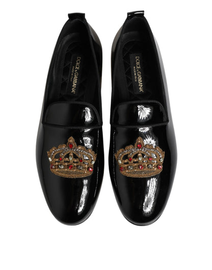 Black Leather Gold Crown Mens Loafers Shoes