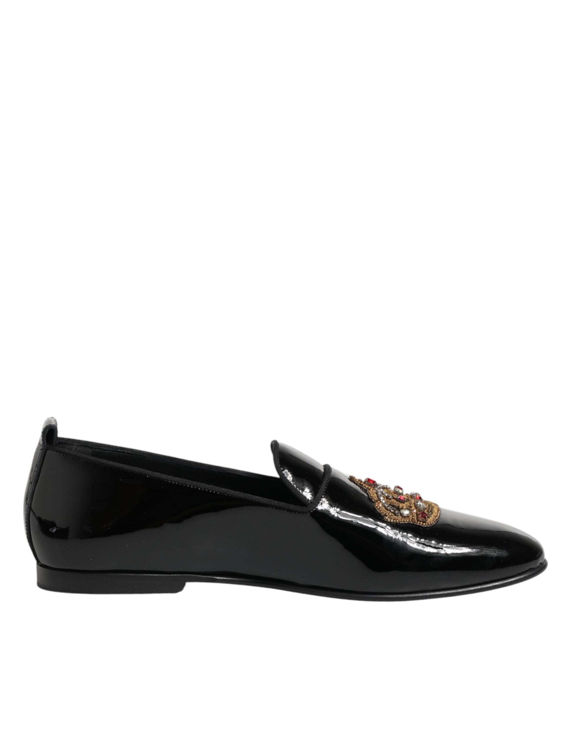 Black Leather Gold Crown Mens Loafers Shoes