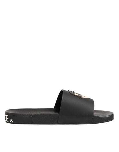 Black Leather Slides Sandals Beachwear Shoes