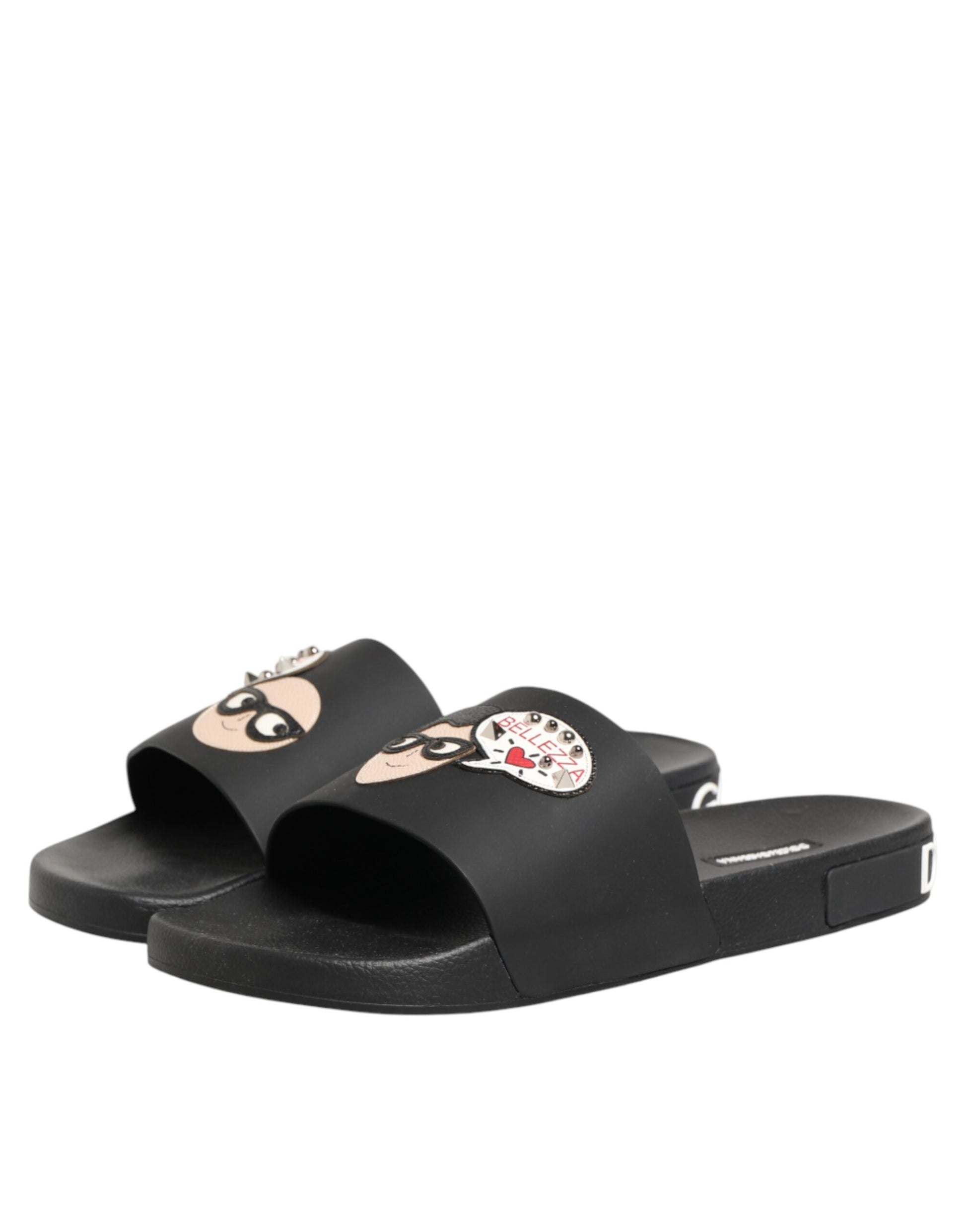Black Leather Slides Sandals Beachwear Shoes