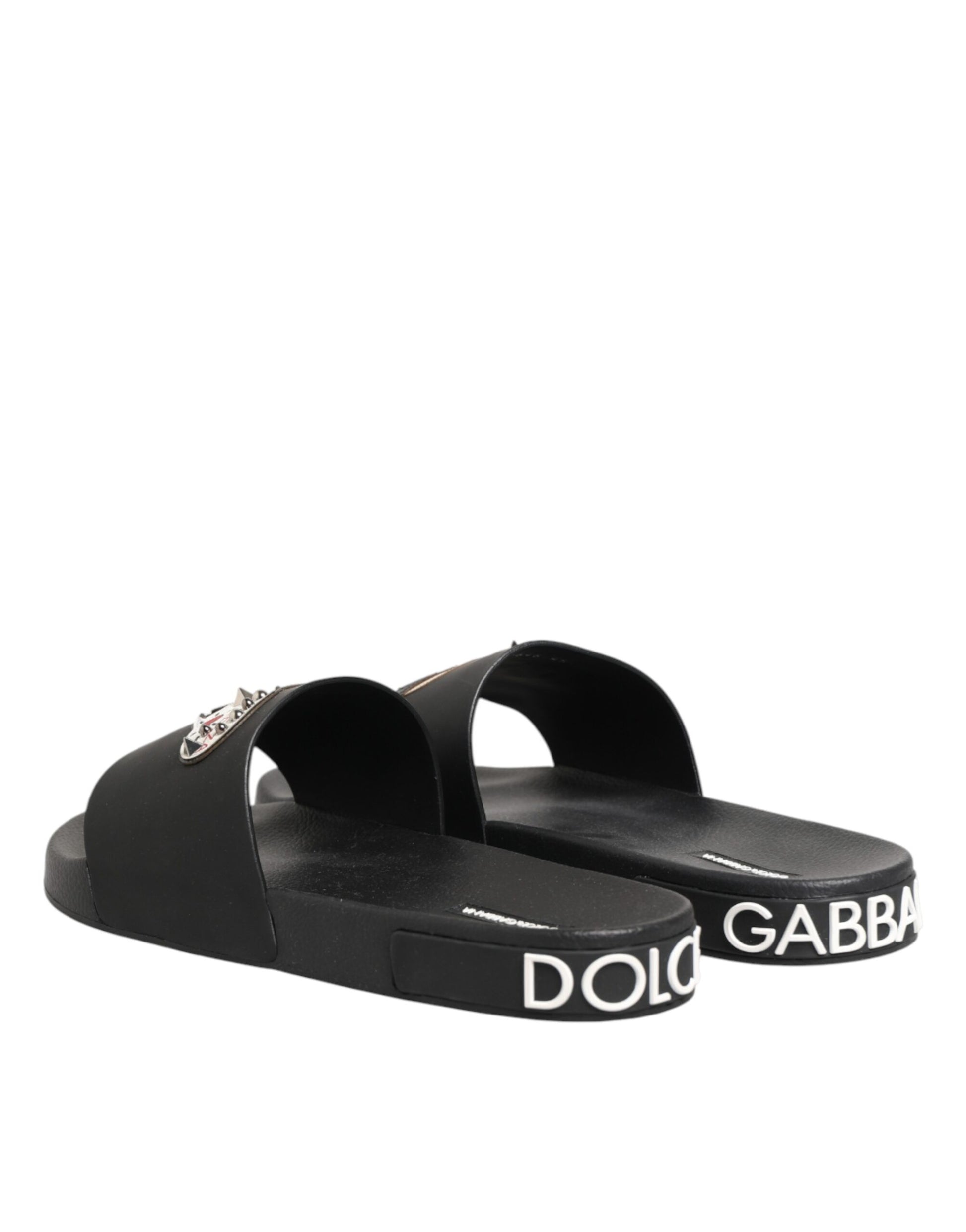 Black Leather Slides Sandals Beachwear Shoes