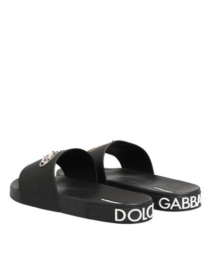 Black Leather Slides Sandals Beachwear Shoes