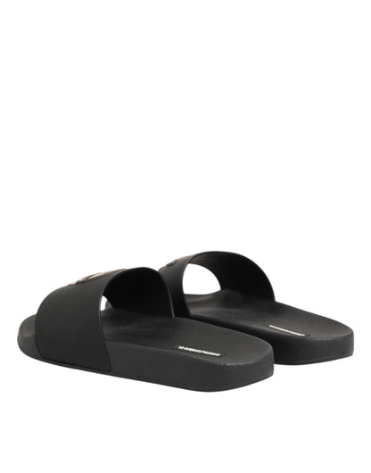 Black Leather Slides Sandals Beachwear Shoes
