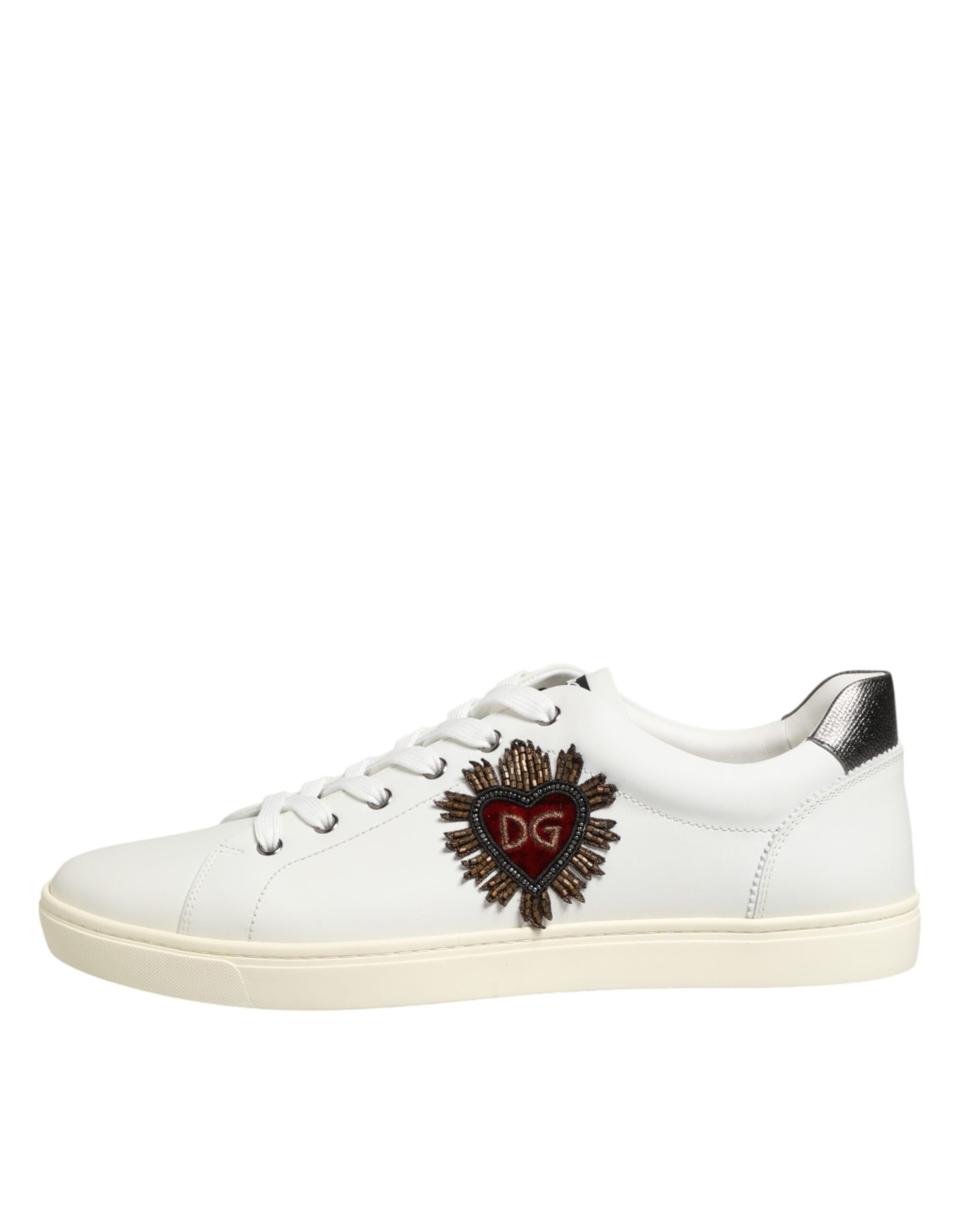 White Leather Heart Embellished Sneakers Shoes
