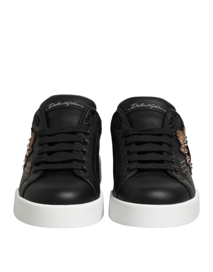 Black Leather Heart Embellished Sneakers Shoes