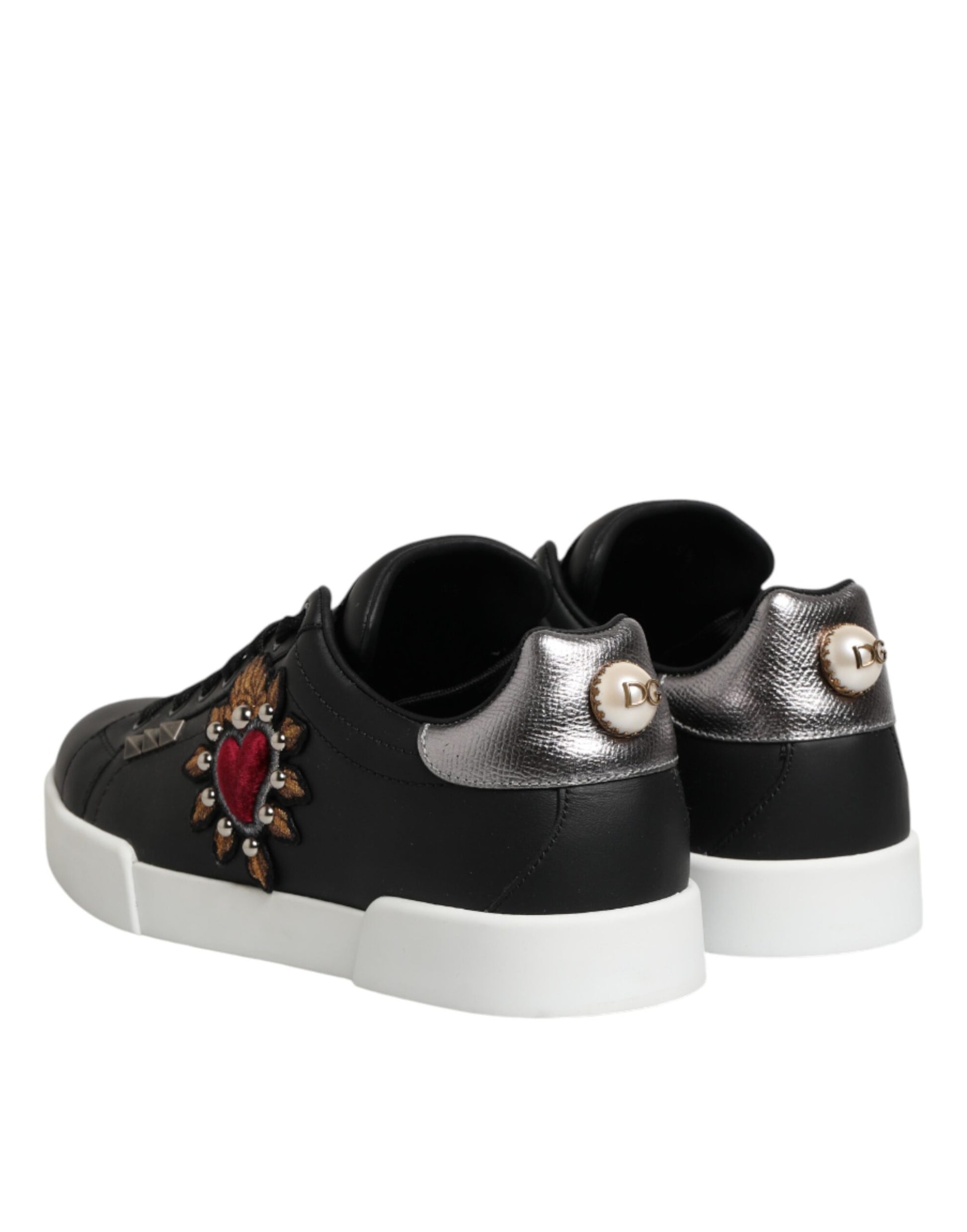 Black Leather Heart Embellished Sneakers Shoes