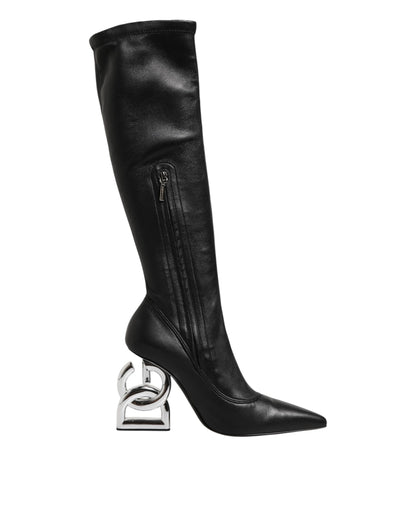 Black Leather DG Logo Knee High Boots Shoes
