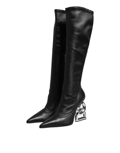 Black Leather DG Logo Knee High Boots Shoes