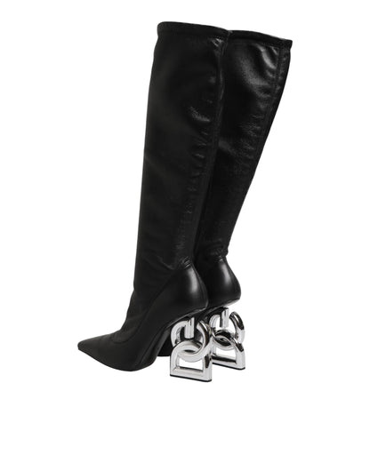 Black Leather DG Logo Knee High Boots Shoes
