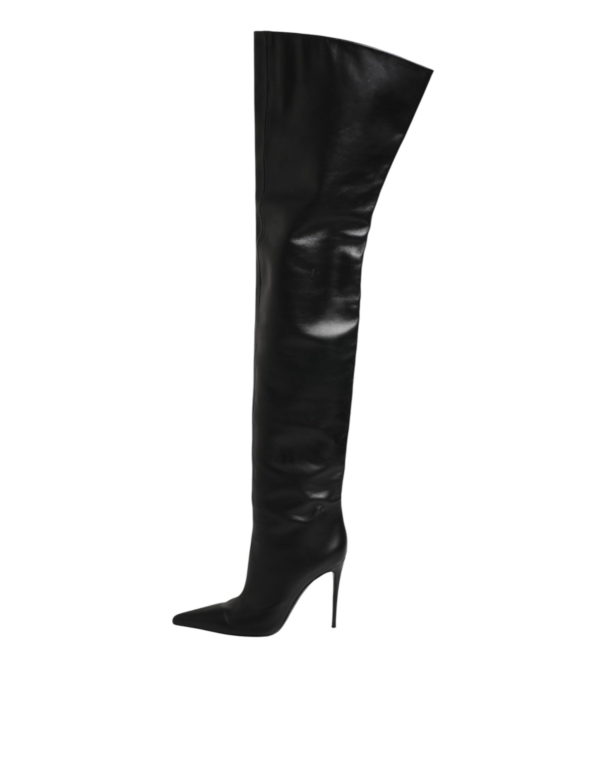 Black Leather Stiletto Knee High Boots Shoes
