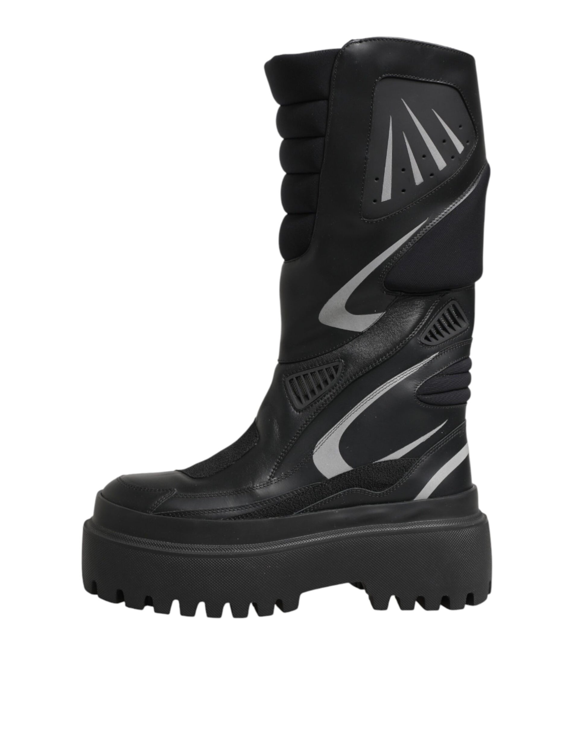 Black Leather Mid Calf Biker Boots Shoes
