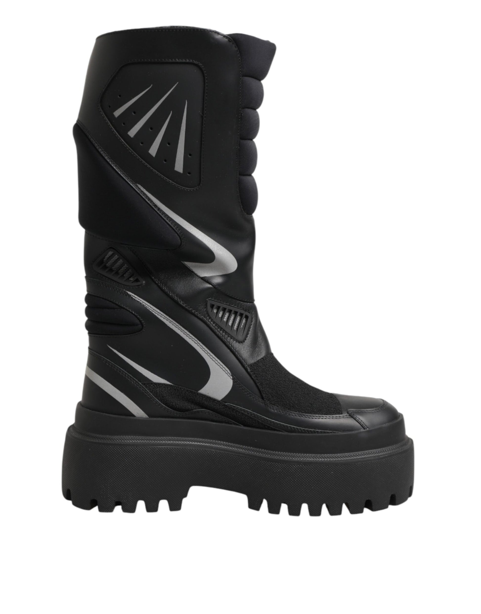 Black Leather Mid Calf Biker Boots Shoes