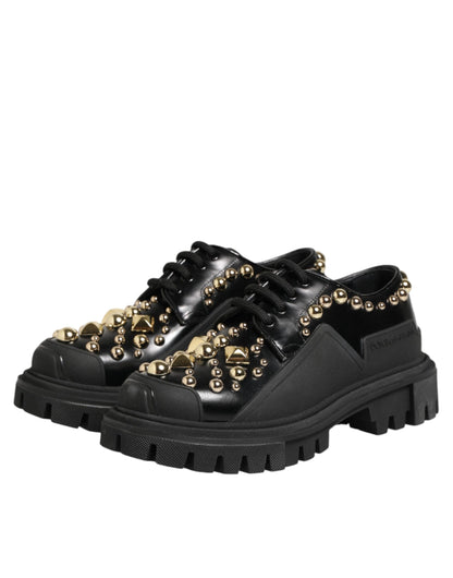 Black Leather Jeweled Crystals Derby Shoes