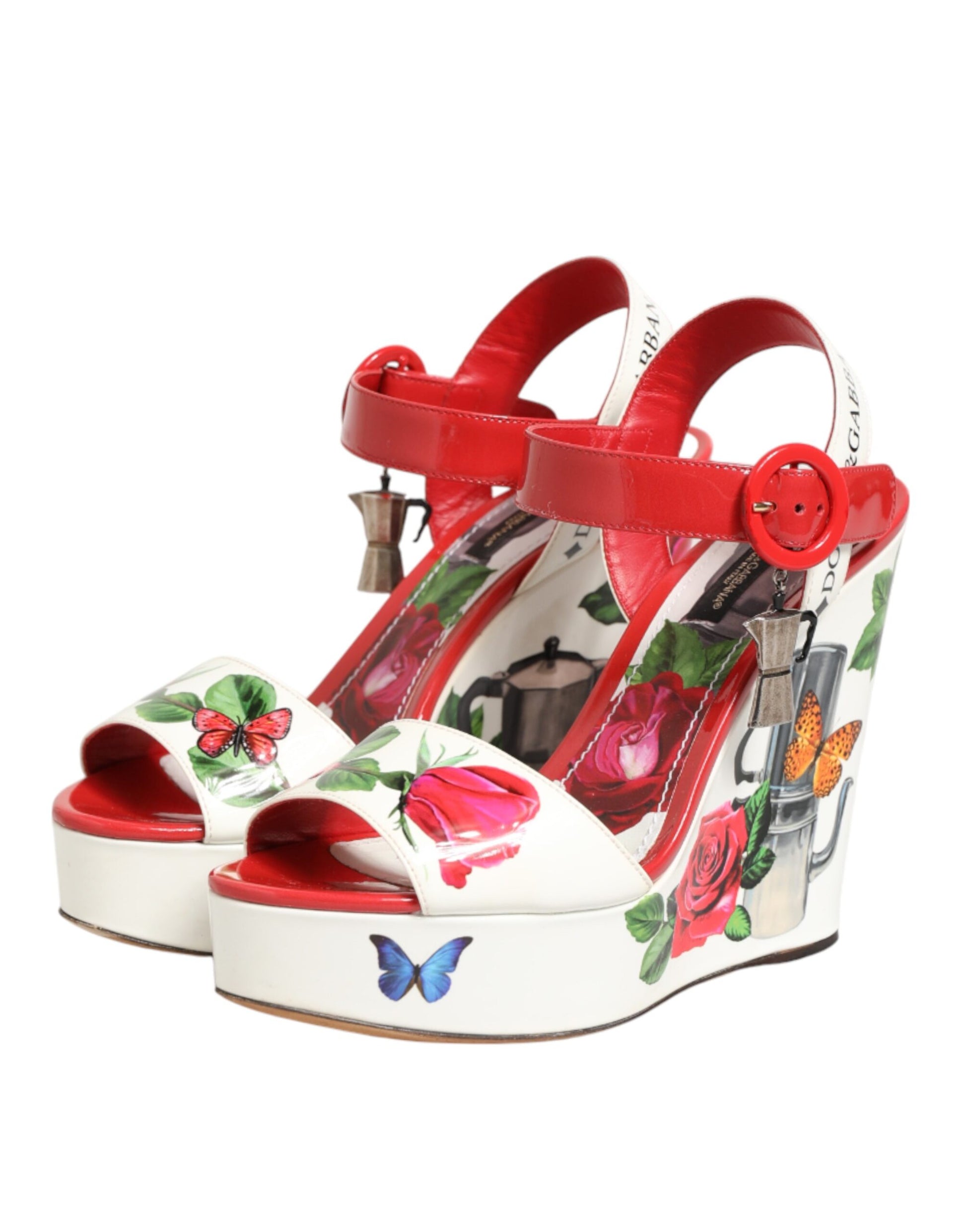 White Floral Ankle Strap Wedge Sandals Shoes
