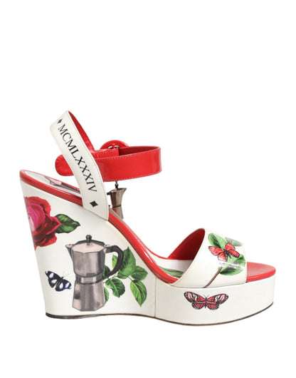 White Floral Ankle Strap Wedge Sandals Shoes