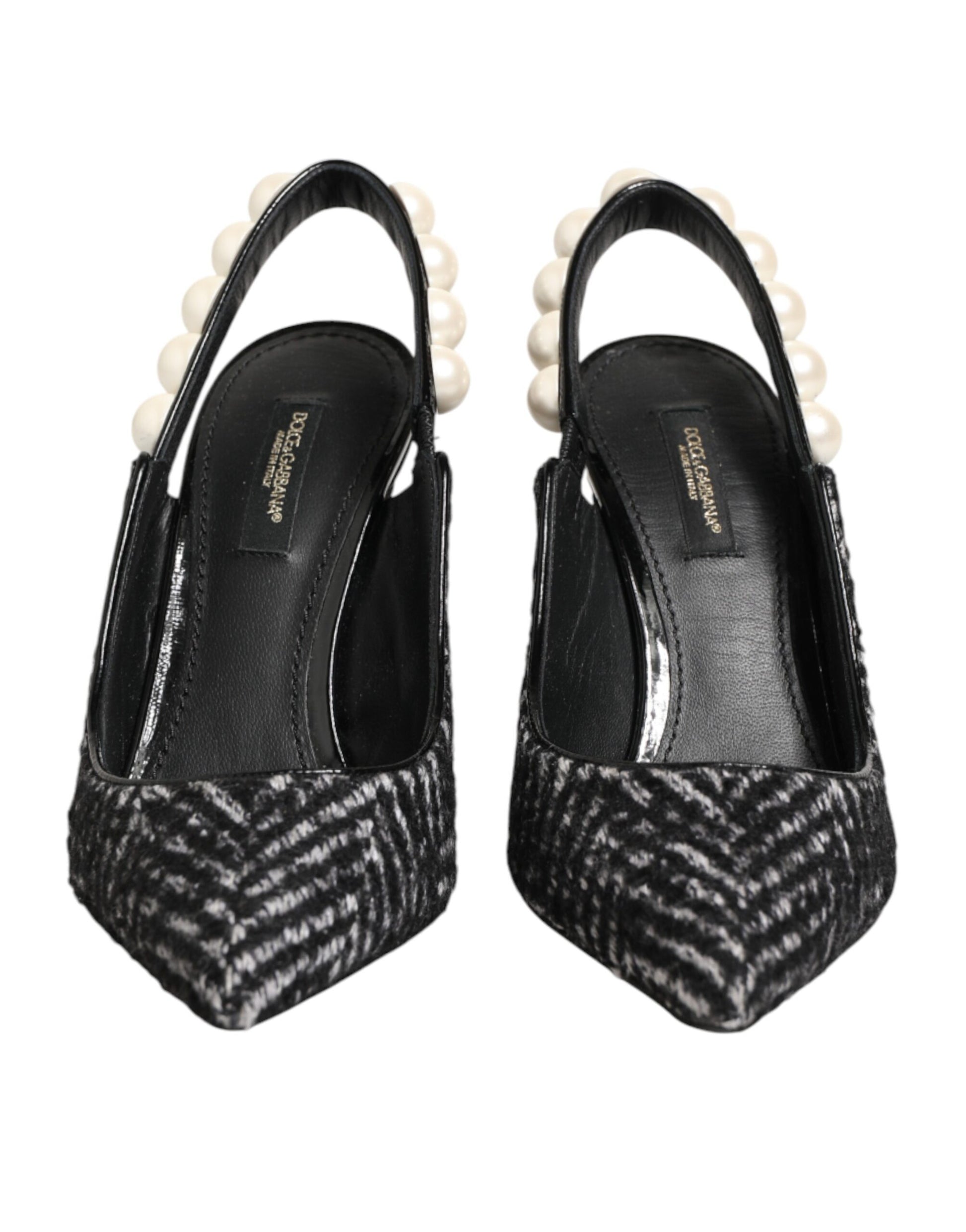 White Black Chevron Faux Pearl Slingbacks Shoes