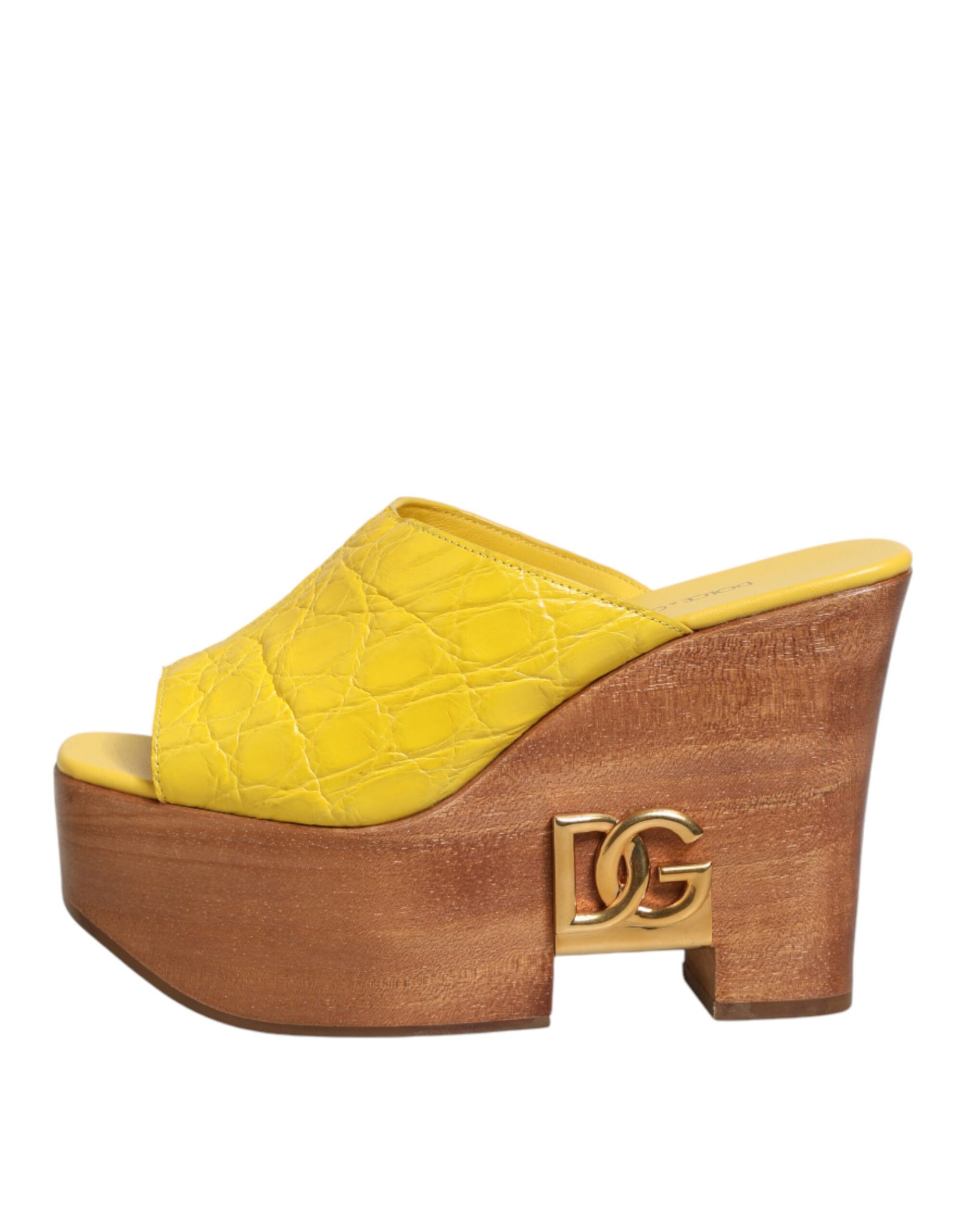 Yellow Leather Wood Mule Wedge Slides Shoes