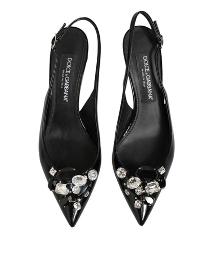 Black Patent Leather Crystal Slingback Shoes