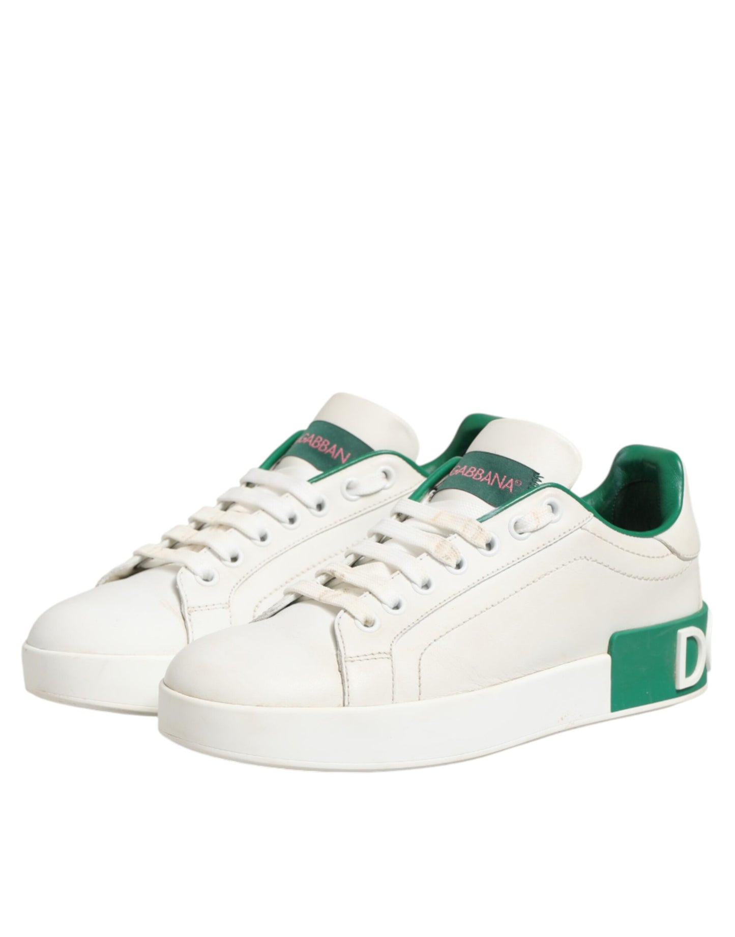 White Green Leather Low Top Sneakers Shoes