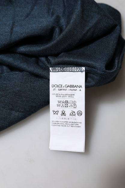 Dark Blue Silk Crew Neck Short Sleeve T-shirt