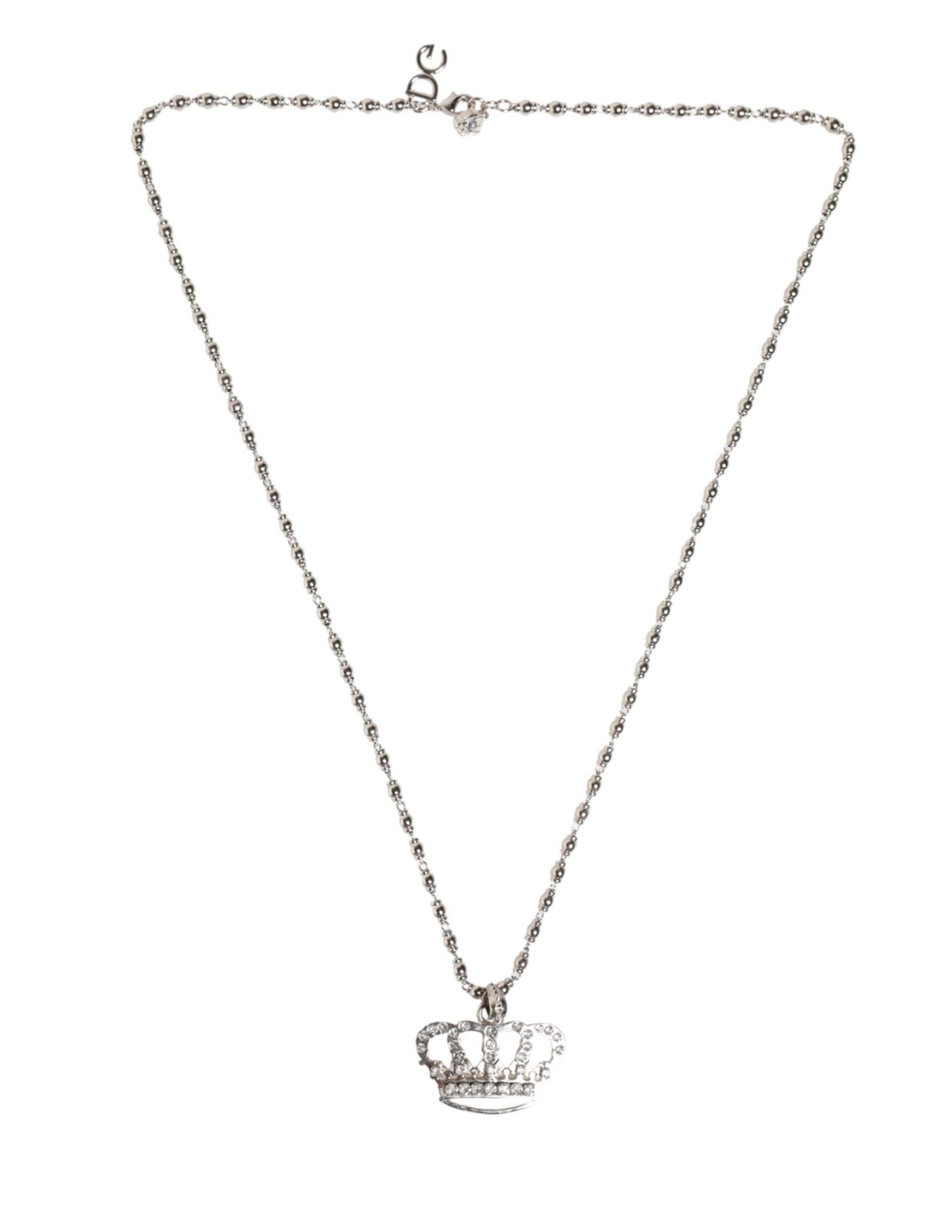 Silver Tone Brass Chain Crown Crystal Pendant  Necklace