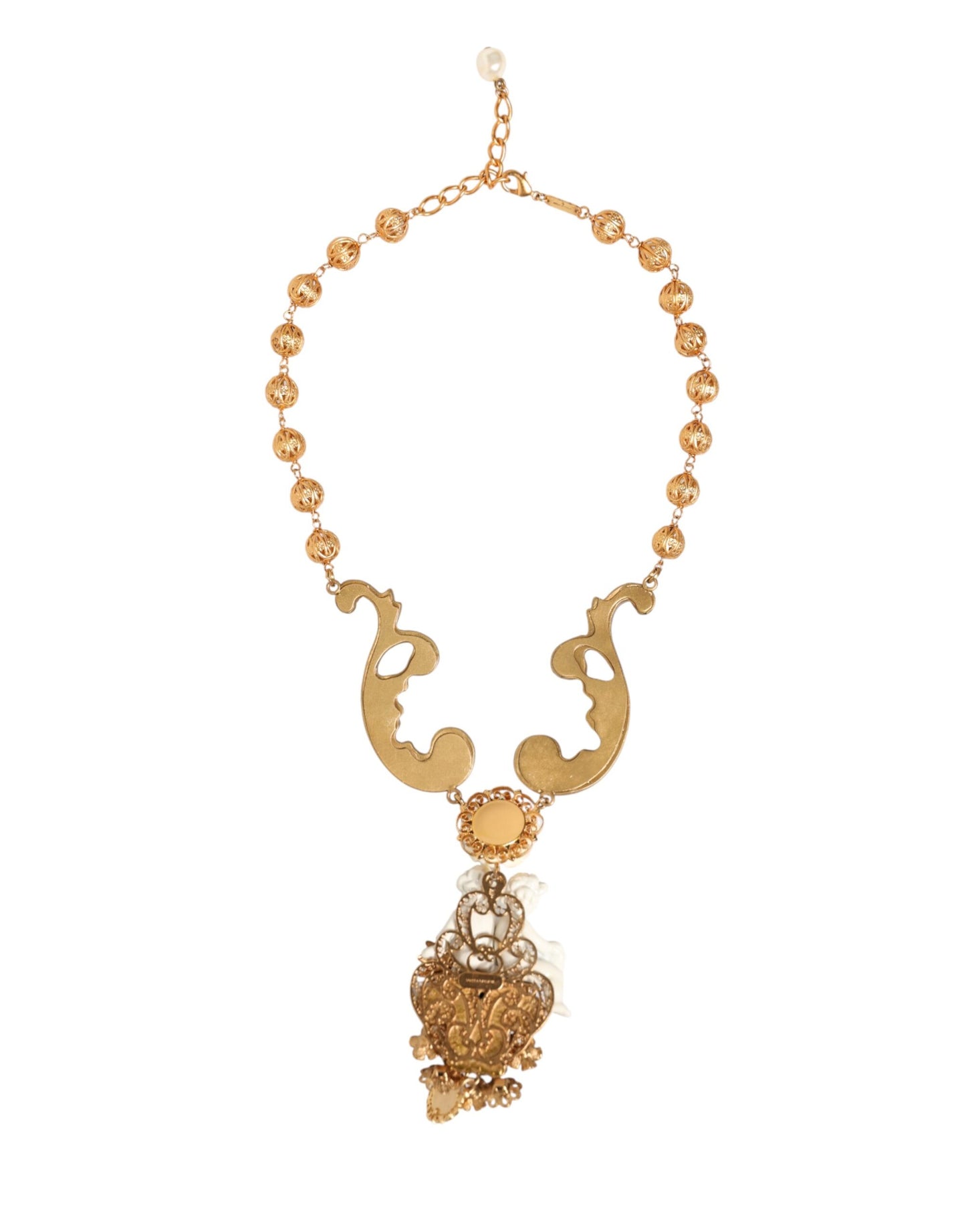 Gold Ceramic Crystal Cherub Baroque Pendant Necklace