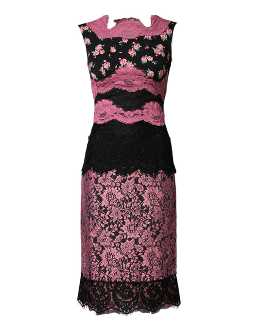 Black Pink Floral Lace Silk Sheath Dress