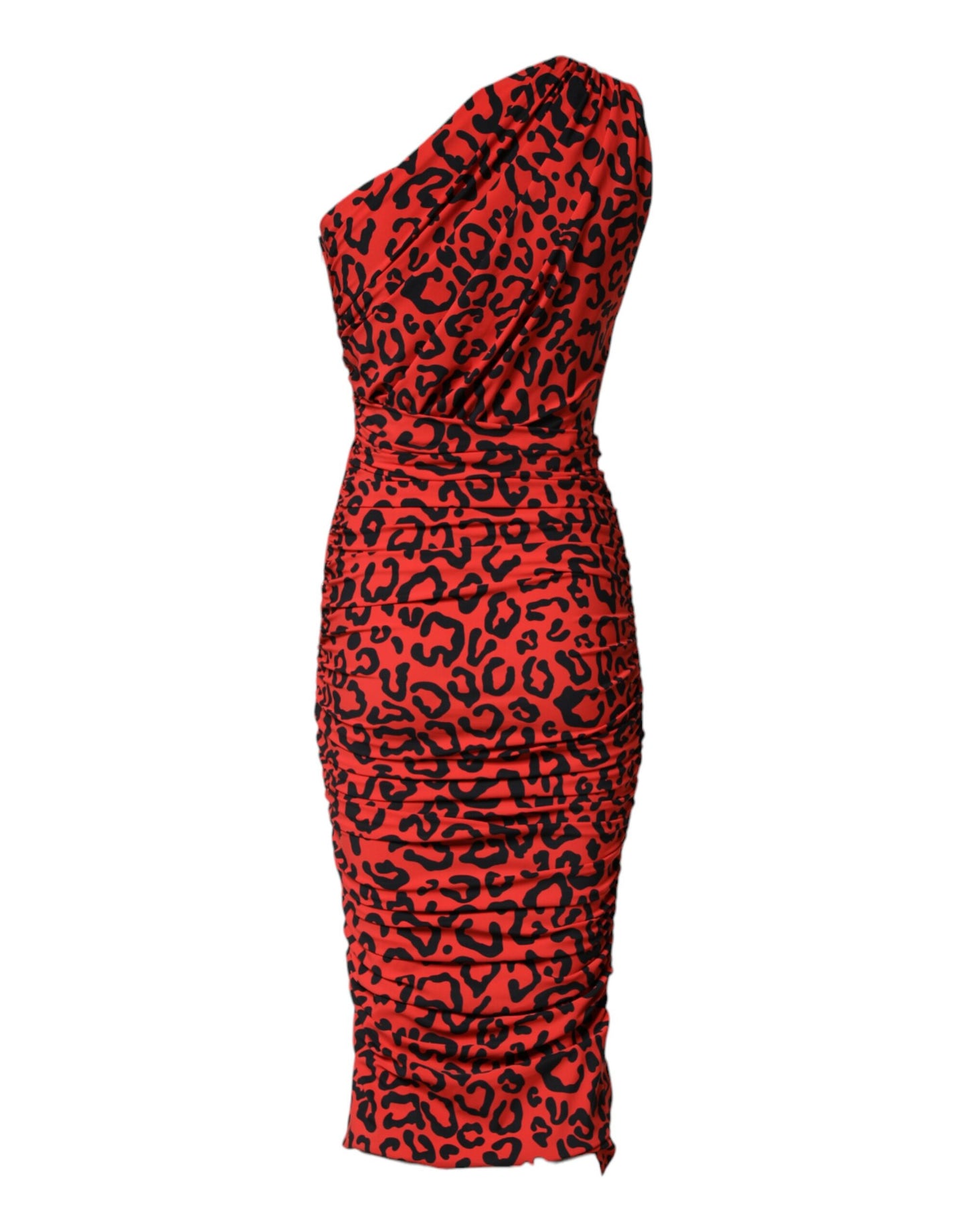 Red Leopard Print Nylon Sheath Midi Dress