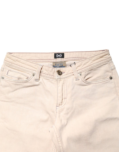 Beige Low Waist Cotton Slim Fit Denim Trousers Jeans